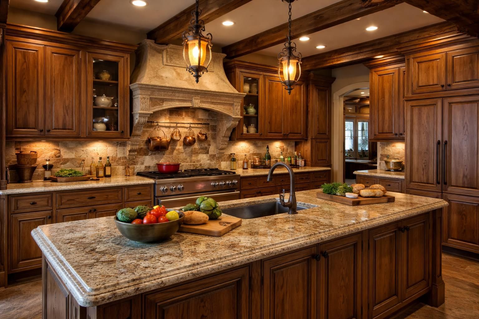 découvrez une cuisine rustique élégante avec un plan de travail en granit durable et des armoires sur-mesure pour un espace personnalisé et chaleureux.