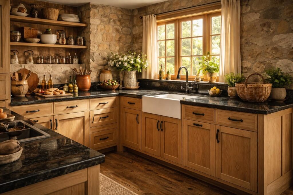 découvrez une cuisine rustique élégante avec plan de travail en granit et armoires sur-mesure, alliant charme authentique et fonctionnalité personnalisée pour un intérieur chaleureux.