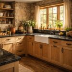 découvrez une cuisine rustique élégante avec plan de travail en granit et armoires sur-mesure, alliant charme authentique et fonctionnalité personnalisée pour un intérieur chaleureux.