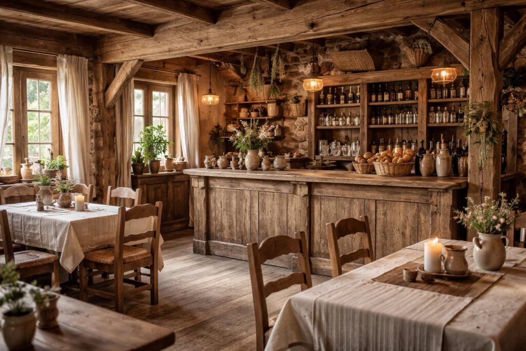 découvrez comment décorer une ferme auberge avec du mobilier campagnard comptoir de famille et des textiles en lin pour créer une ambiance chaleureuse et authentique.